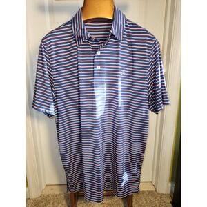 Southern Tide Mens Large Performance Polo Shirt Striped Navy Blue Coral Pink
